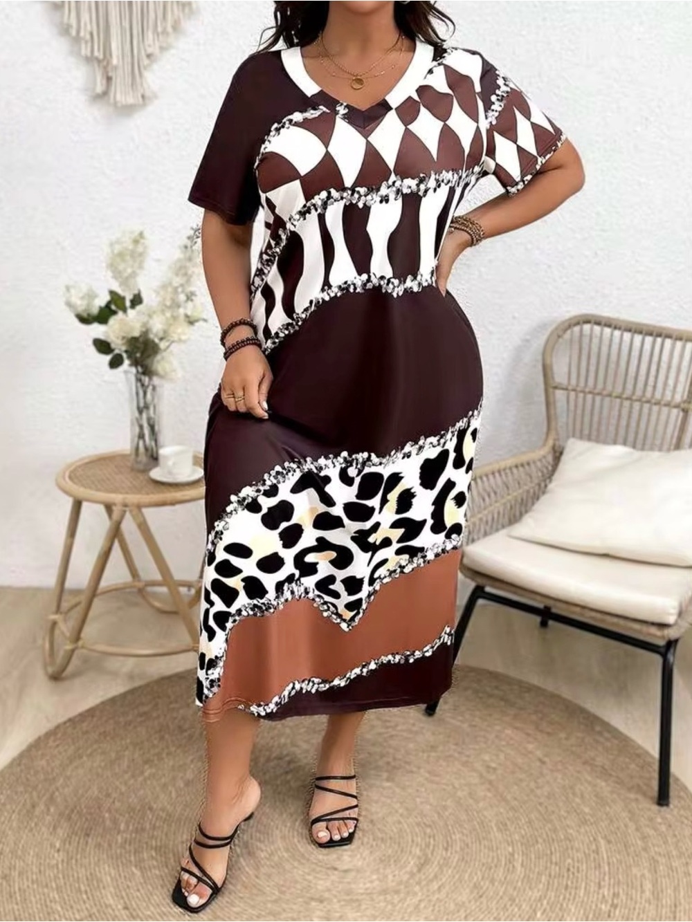 Calvaya Women's Plus Size Color Block Printed Patchwork Dress